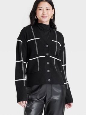 A New Day Black Windowpane Plaid Cardigan Sweater